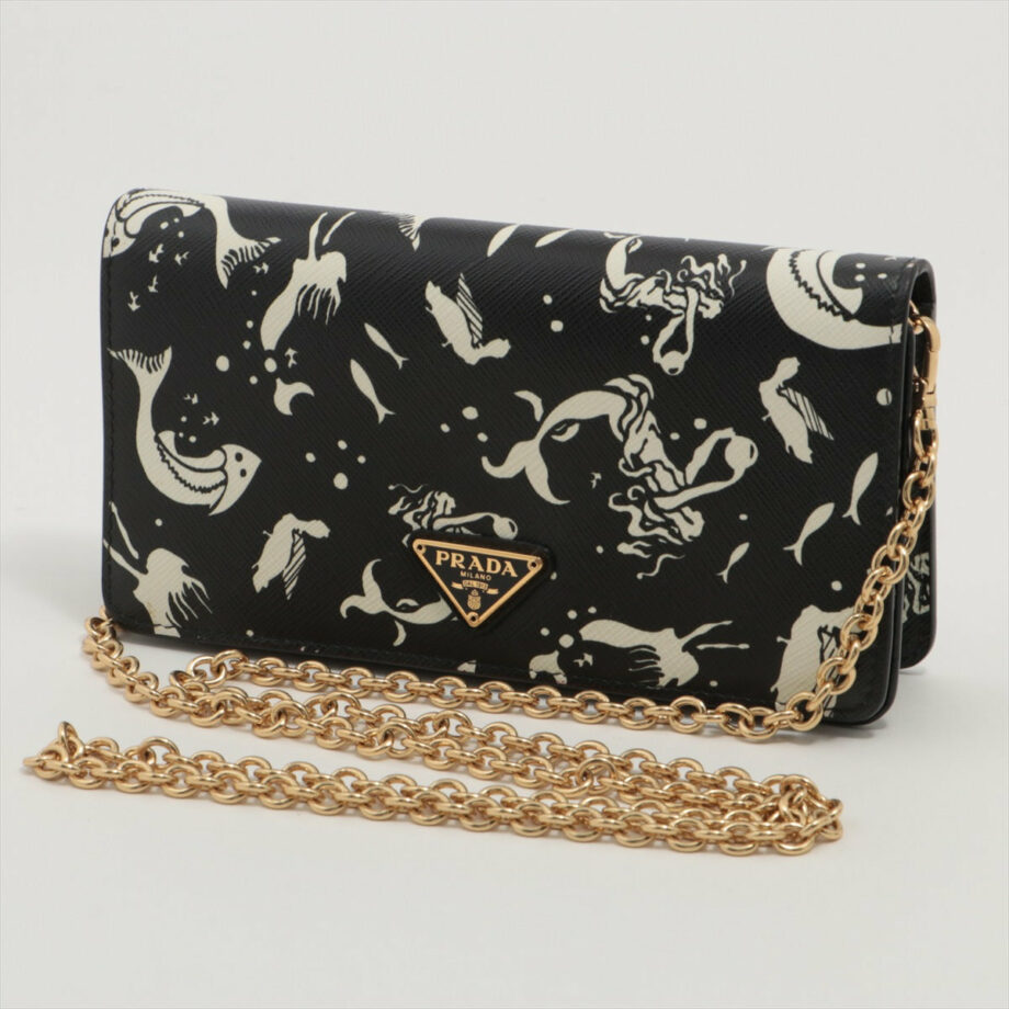 Prada Saffiano Leather Chain wallet Black × White
