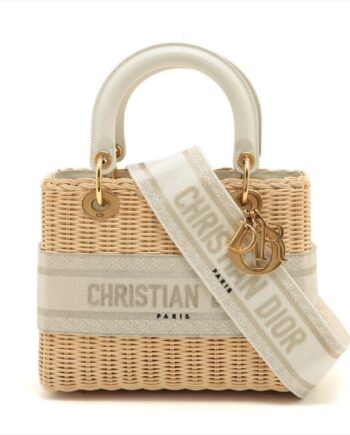 Christian Dior Lady Dior wicker Straw x canvas 2way handbag Beige