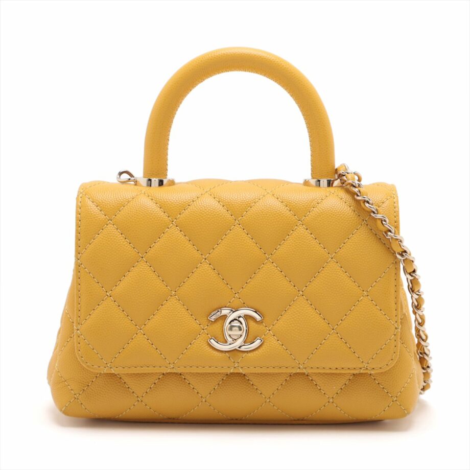 Chanel Coco Handle Caviarskin 2way handbag Matelasse Yellow Gold Metal