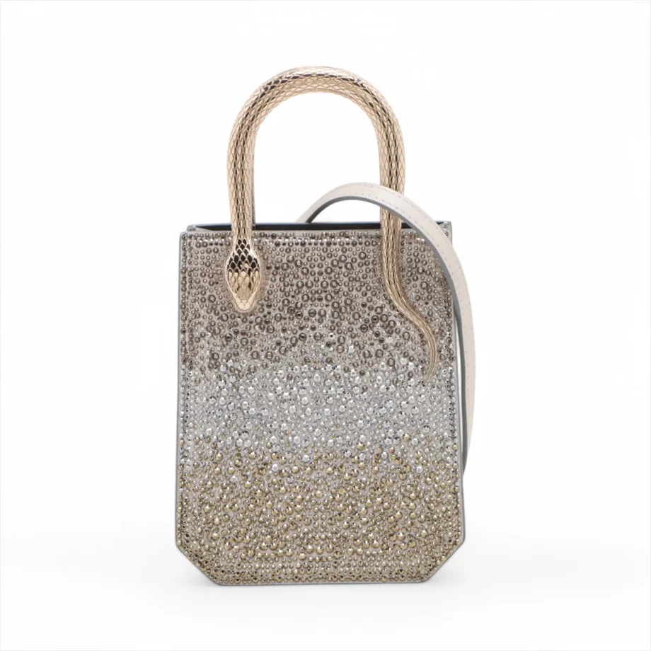 Bvlgari Serpenti Leather rhinestone 2 Way Handbag Beige